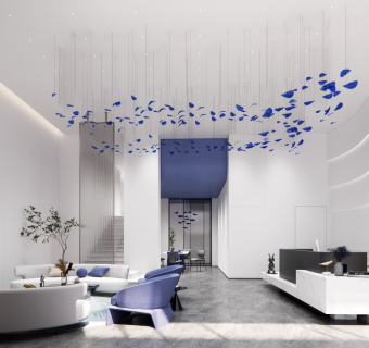 现代美容院大堂 沙发茶几组合 前台 吊灯